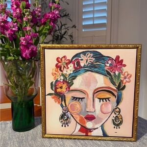 Canvas print Abstract art Frida Khalo Colorful in Gold brass color frame 16x16”